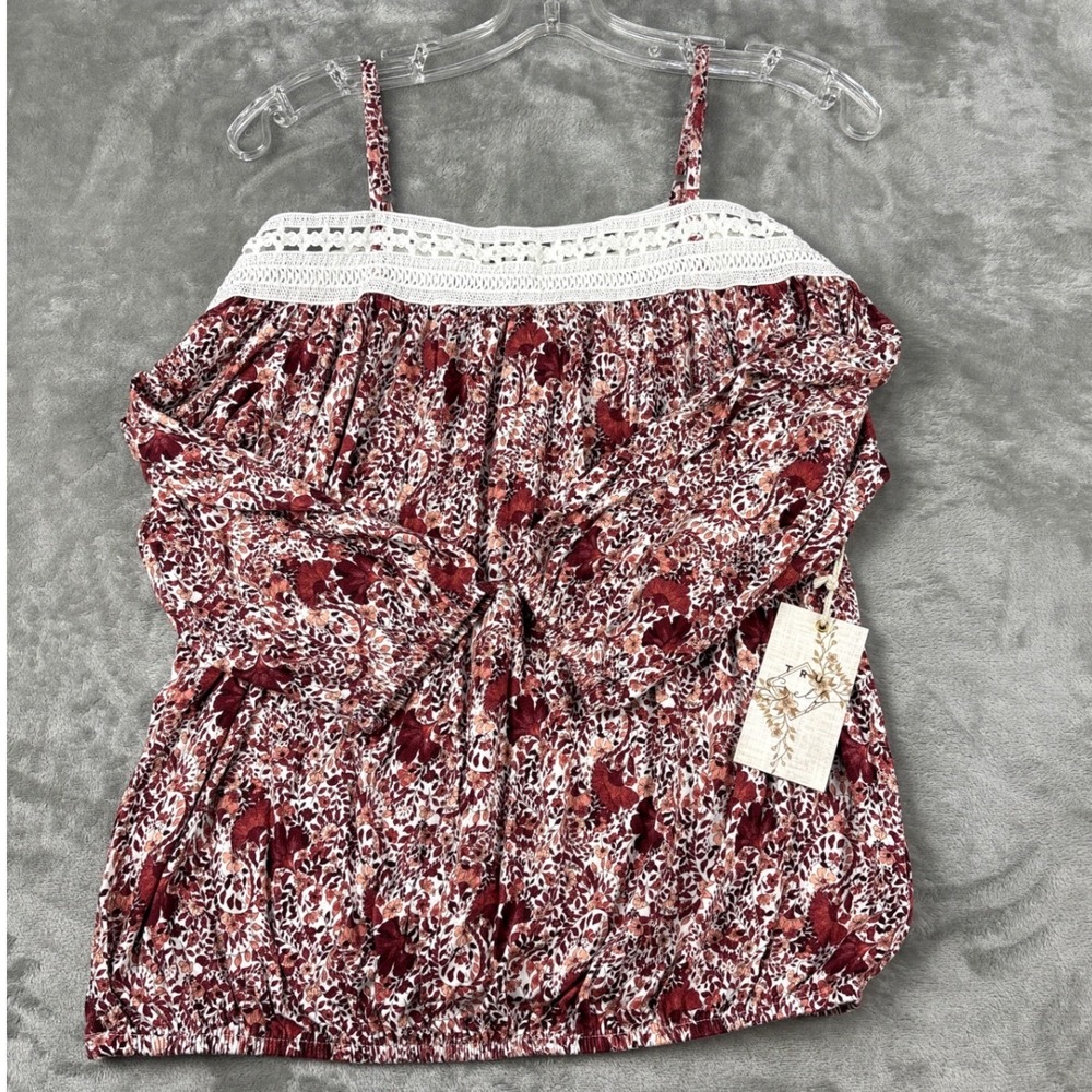 Tru Self Womens Small Floral Cold Shoulder Top Burgundy Crochet Lace NWT